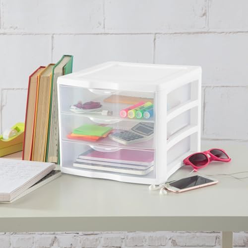 Sterilite 4-Pack 3 Drawer Unit, Plastic Desktop Organizer with Clear Drawers, White Frame - Stackable Multi-Purpose Storage for Office Supplies, Craft Rooms, Classrooms and Home Organization