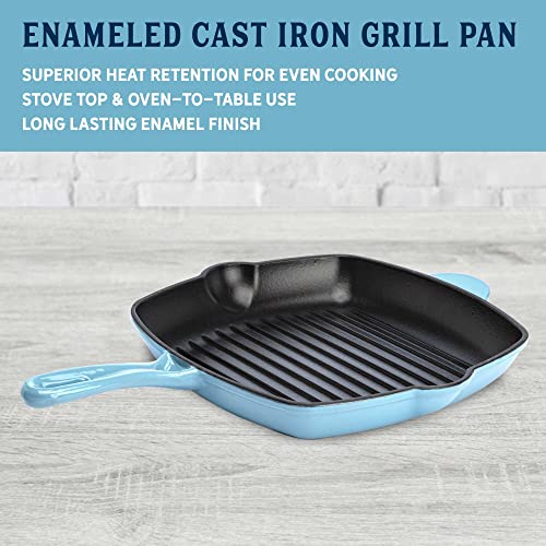 Country Living Enameled Cast Iron Square Griddle Grill Pan with Ridges, Helper Handle and Pouring Spouts for Easy Draining, Indoor Grilling Skillet, 11-Inch, Cream