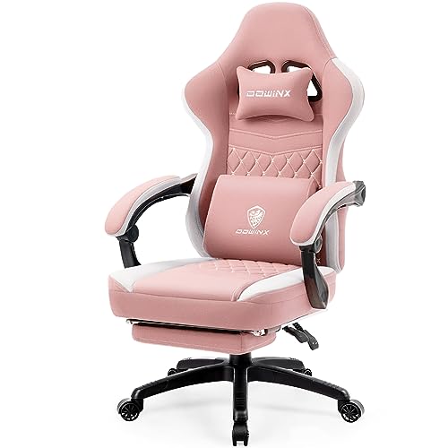 Dowinx Gaming Chair Breathable Fabric Computer Chair with Pocket Spring Cushion, Comfortable Office Chair with Gel Pad and Storage Bag,Massage Game Chair with Footrest,Beige