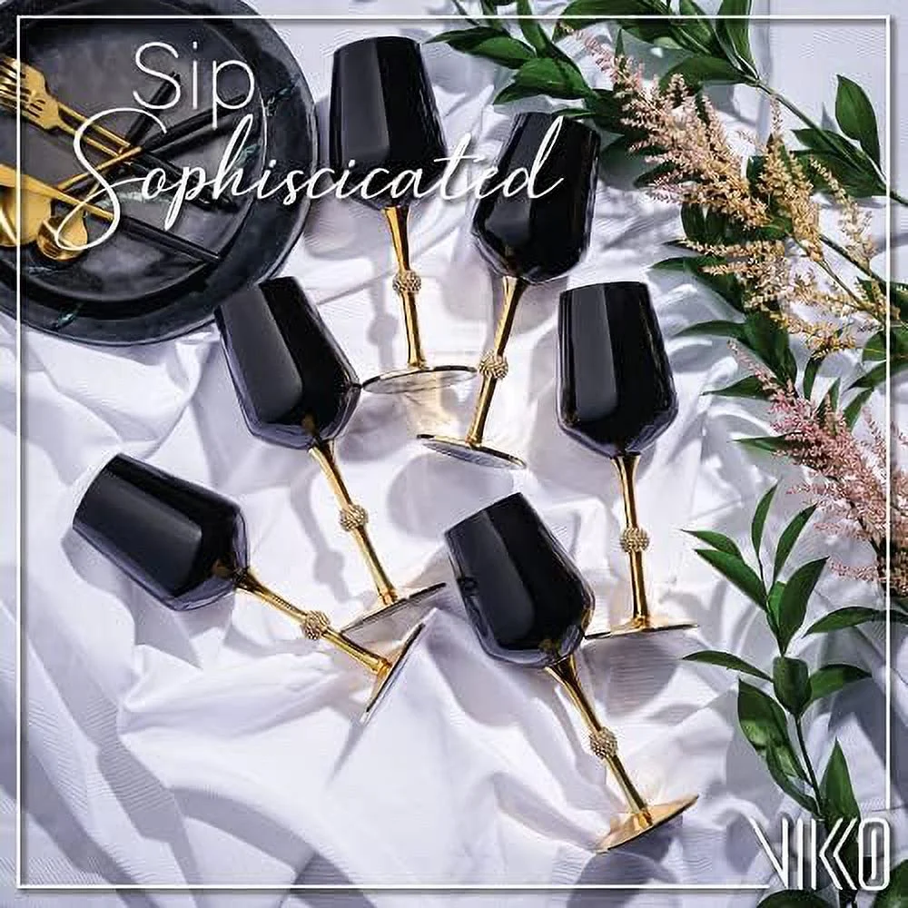 Black  Wine Glasses | 11 Ounce Cup – Striking Black  Design With Diamante Accents – Dishwasher Safe – Set Of Six Stunning Wine Glasses – 8.4” X 2.3”