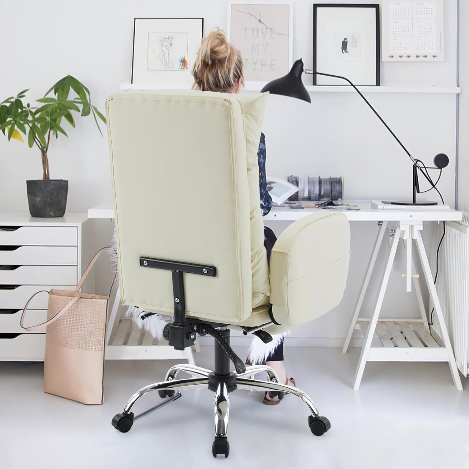 Home Office Chair with Footrest, High-Back PU Leather Computer Desk Chair, Executive Rolling Swivel Chairs with Leg Rest and Double Thick Cushion, White Office Chair (Cream White)