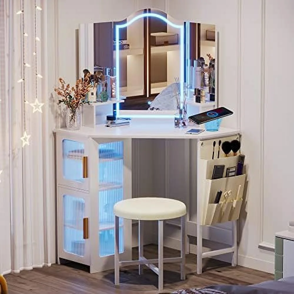 Vanity Desk with Mirror and Lights  Makeup Vanity with Charging Station  Dressing Table with 3 Lighting Options  Vanity Set with Drawers  Women\u2019s Corner Vanity Table  Grey