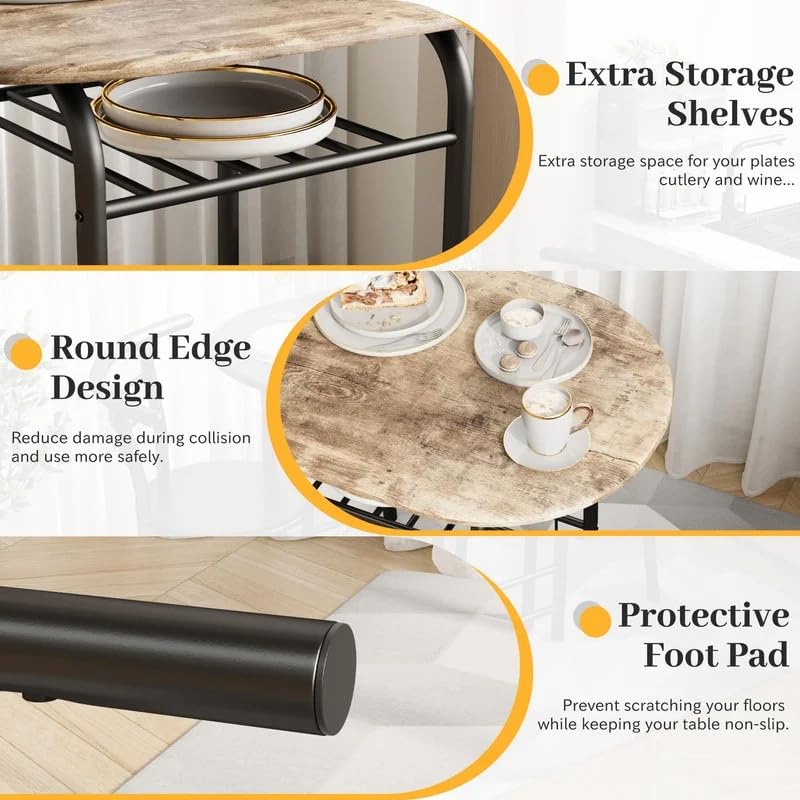 Shahoo 3-Piece Wooden Dining Table Set, Kitchen Breakfast Nook Sets with 2 Chairs & Round Tabletop, Space Saving Furniture Metal Frame and Built-in Wine Rack, Walnut