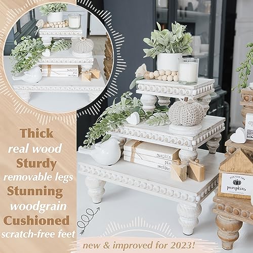 Decorative Tray [Set of 3] Wooden Tiered Tray Stand Display Risers - Tiered Tray Decor for Tabletop Use, Kitchen Island, Coffee Bar - Wood Risers, Beaded Pedestal Stand Farmhouse Kitchen Decor (Black)