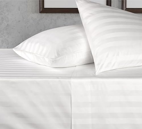 CASA ESENCIA 100% Egyptian Cotton Sheets King Size – 1000 Thread Count White Striped King Bed Sheet – 4 Piece Bedding Set - Extra Deep Pocket Fits Upto 17” – White Stripe Hotel Luxury Sheets