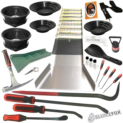 Complete Gold Mining Kit; Folding 50 inch Gold Sluice Box; Gold Prospecting Equipment; Rock Pick Hammer; Gold Classifiers; Pay Dirt Scoop; Crevice Tools and More