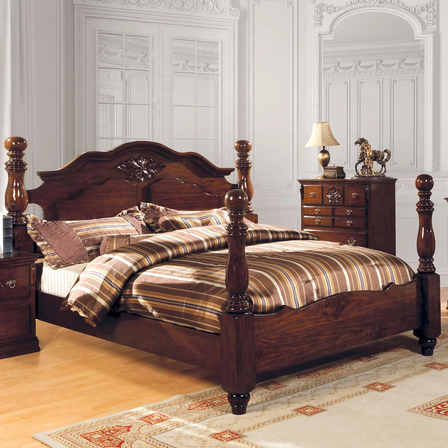 Traditional Dark Pine Solid Wood King Bedroom Set 6pcs FOA CM7571-EK Tuscan