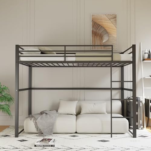 Metal Loft Bed Twin Size, Loft Bed Frame with Safety Guard Rails & Flat Ladder, Twin Loft Bed for Kids Teens Adults