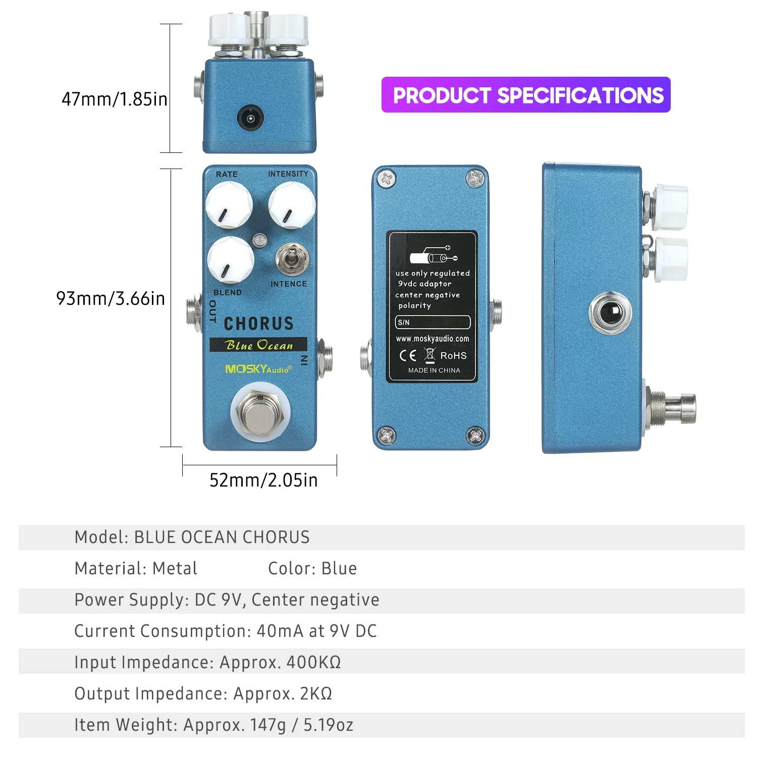 Suzicca MOSKYaudio Blue Ocean Chorus Guitar Effect Pedal Chorus/True Bypass Rate + Blend + Intensity + Intence