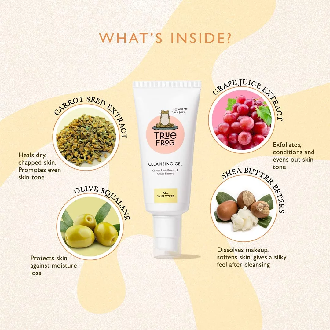 TRue FRoG Cleansing Gel, Gel to Milk Makeup Remover, Cleansing Balm with 100% Natural Oils and Extract with Carrot root Oil, Grape Seed Extract and Shea Butter Esters - 50 gm