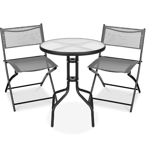 Best Choice Products 3-Piece Patio Bistro Dining Furniture Set w/Glass Tabletop, 2 Folding Chairs, Steel Frame, Polyester Fabric - Gray