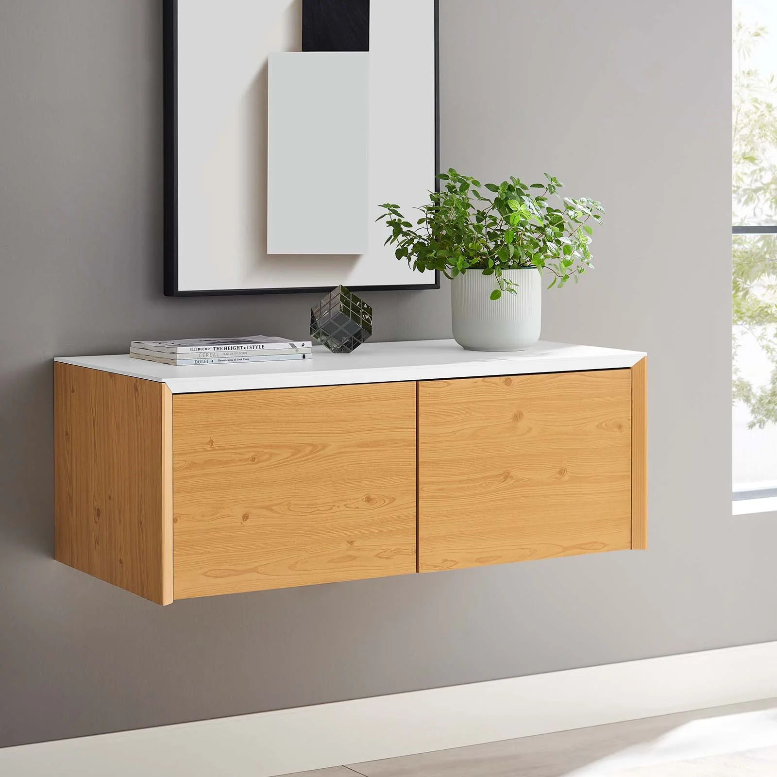 Modway Kinetic Wall-Mount Office Storage Cabinet in White Natural