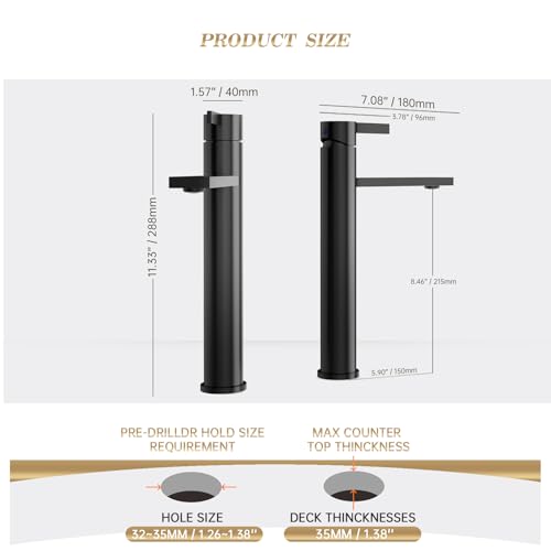 Phiestina Brushed Gold One Hole High Bathroom Vessel Sink Faucet, Single Hole Single Handle Tall Bathroom Faucet, with Pop Up Drain and Water Supply Line,FH01-BG-V