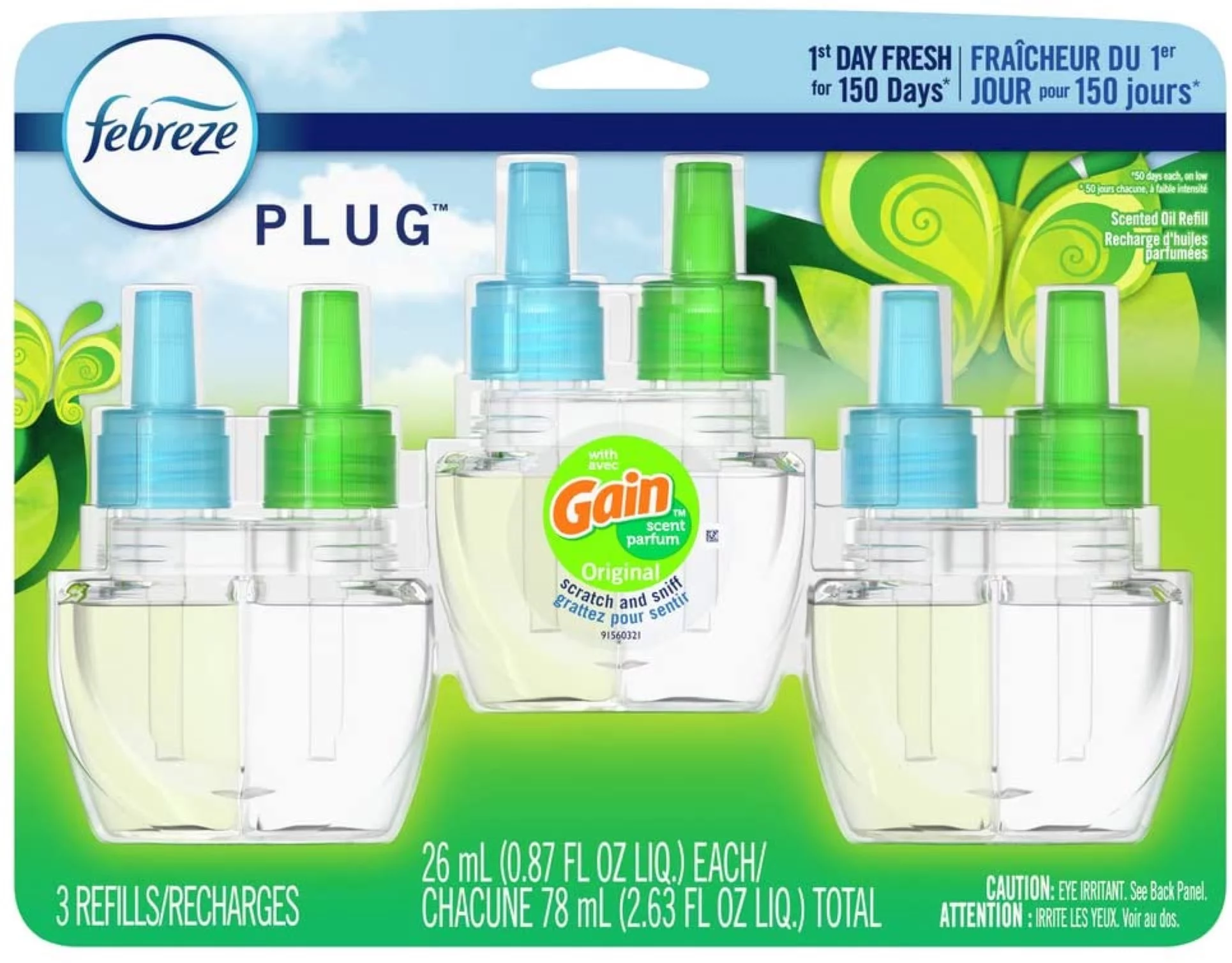 Febreze Plug in Air Freshener and Odor Eliminator, Scented Oil Refill, Gain Original Scent, 3 Count