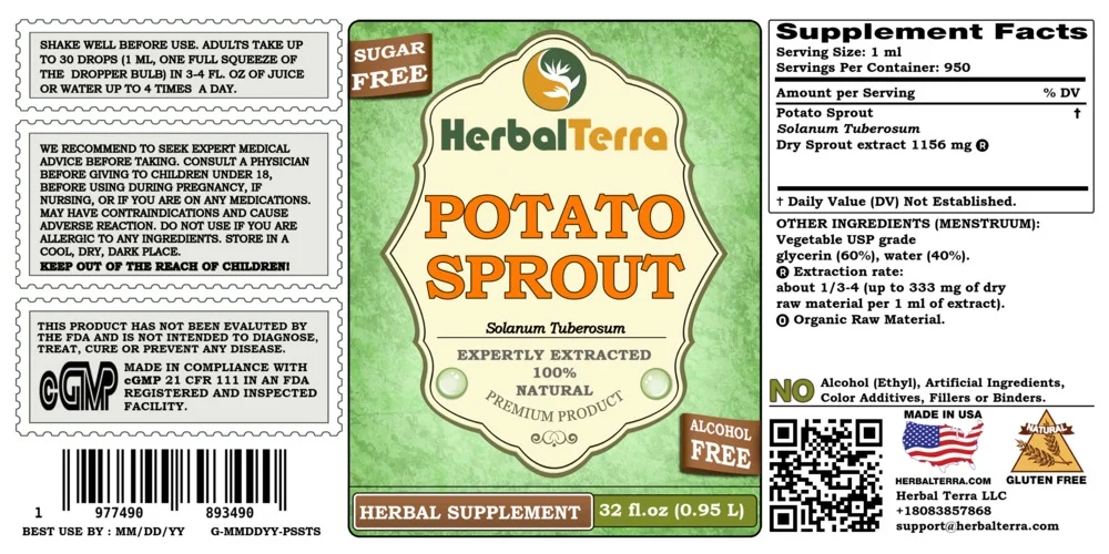 Potato Sprout Dry Sprout KETO Friendly Alcohol-Free Absolutely Natural Expertly Extracted by Trusted HerbalTerra Brand Liquid Extract. Proudly made in USA. Glycerite 32 Fl.Oz