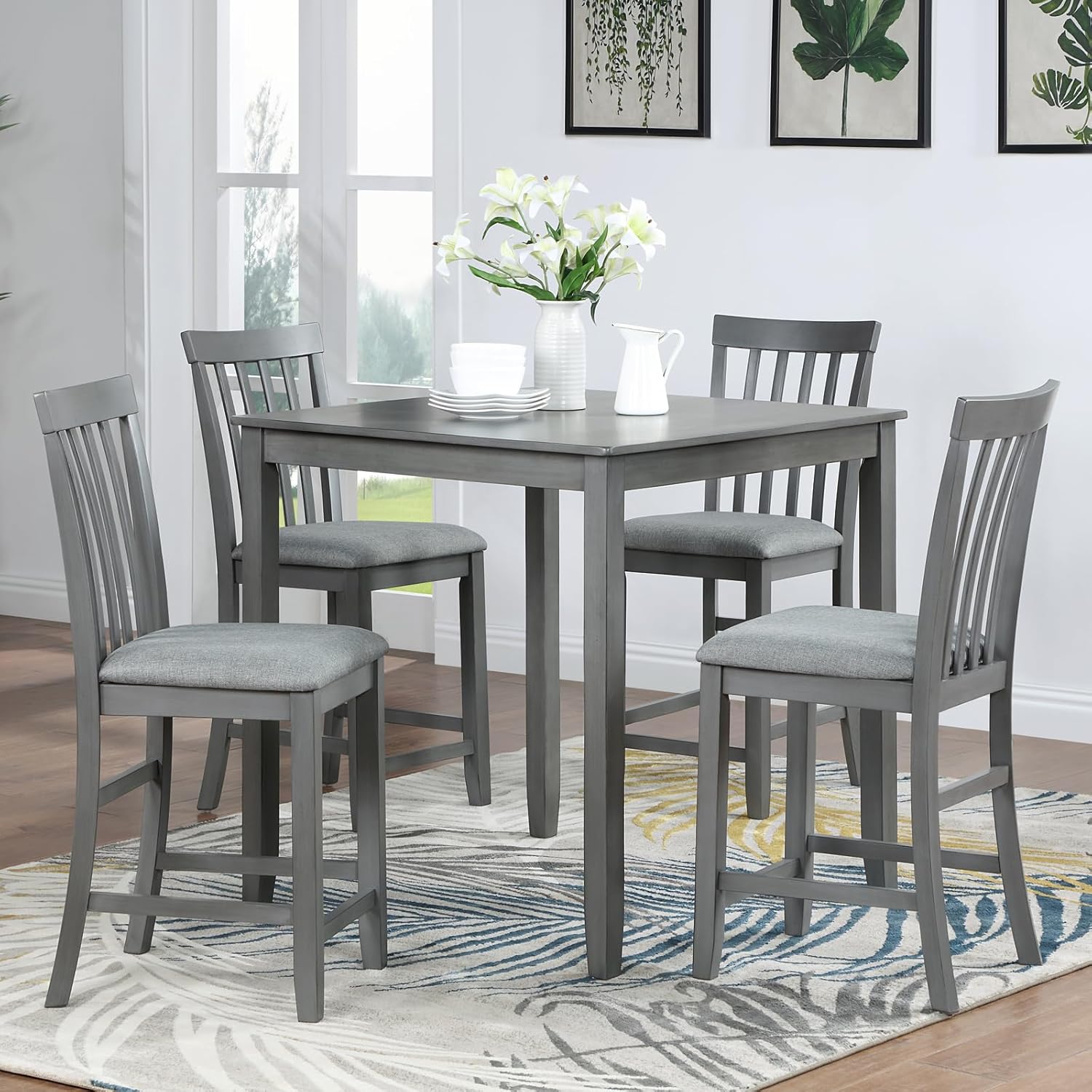 5 Piece Counter Height Dining Table Set for 4, Farmhouse Kitchen Table Set with 4 Vertical Back Upholsterd Chair, Space Saving High Top Table and Chair for Dining room, Kitchen, Pub (Dove Gray)