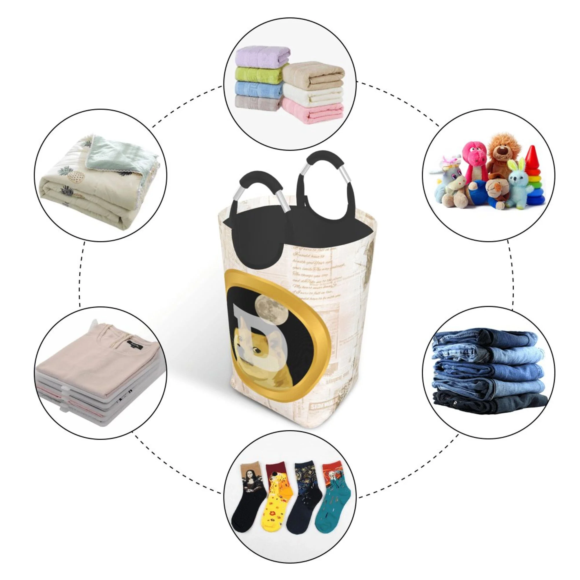 TEQUAN 50L Large Rectangular Laundry Hamper with Aluminum Handles, Cryptocurrency Doge Coin Prints Waterproof Foldable Dirty Clothes Basket