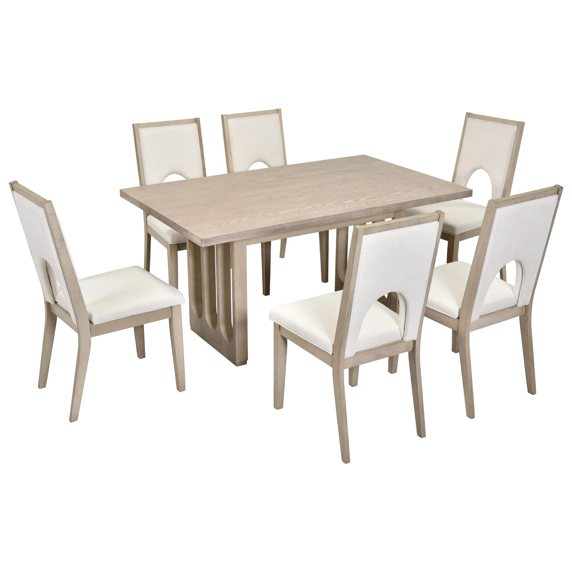 Natural Wood Wash 7-Piece Dining Table Set with 6 Upholstered Chairs