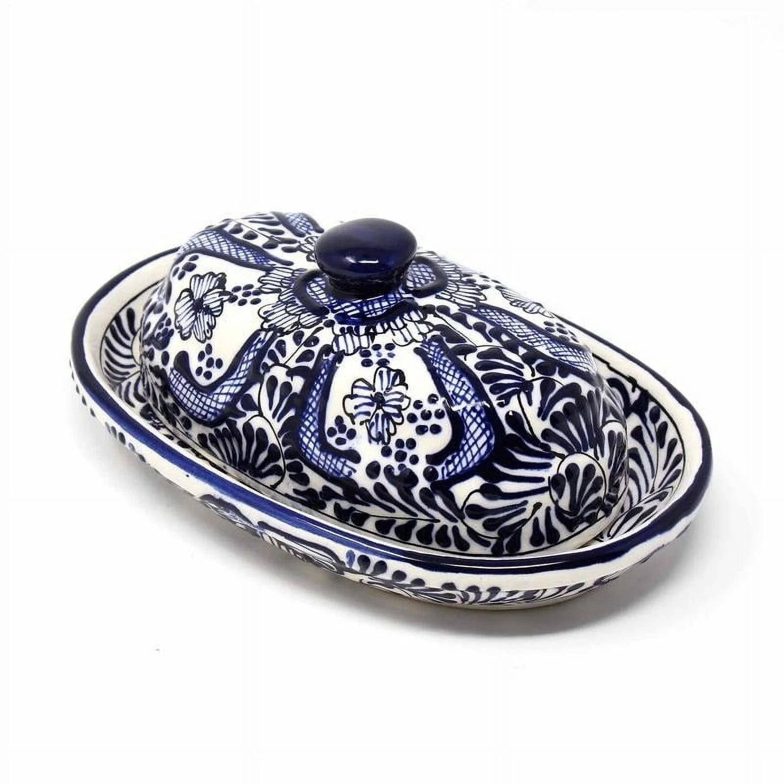 The Curated Nomad Somerset Handmade Blue Flower Pottery Butter Dish