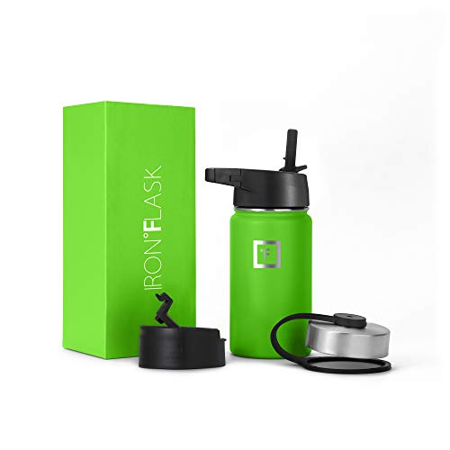 IRON °FLASK Camping & Hiking Hydration Flask with 3 Lids - Stainless Steel, Double Walled & Vacuum Insulated Water Bottle - Leak Proof & BPA Free (Midnight Black, Straw - 40 oz)