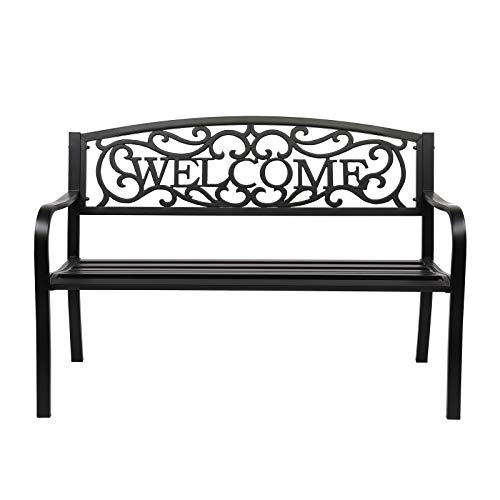 VINGLI Outdoor Bench with PVC Back Pattern, Metal Garden Bench Black Steel Welcome Bench for Patio, Porch, Deck, Yard, Lawn Decor Entryway