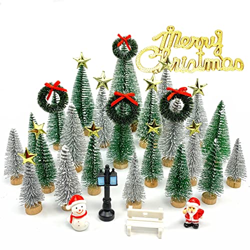 Desktop Miniature Christmas Trees Mini Pine Tree 5pcs with Snow and Wood Base for Xmas Holiday Party Home Tabletop Decor