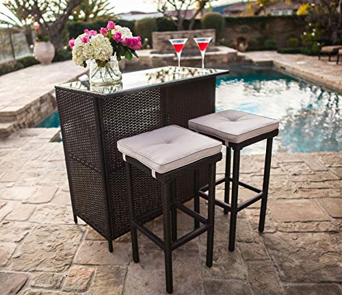 SUNCROWN Outdoor Bar Set 3-Piece Brown Wicker Patio Furniture - Glass Bar and Two Stools with Cushions for Patios, Backyards, Porches, Gardens or Poolside