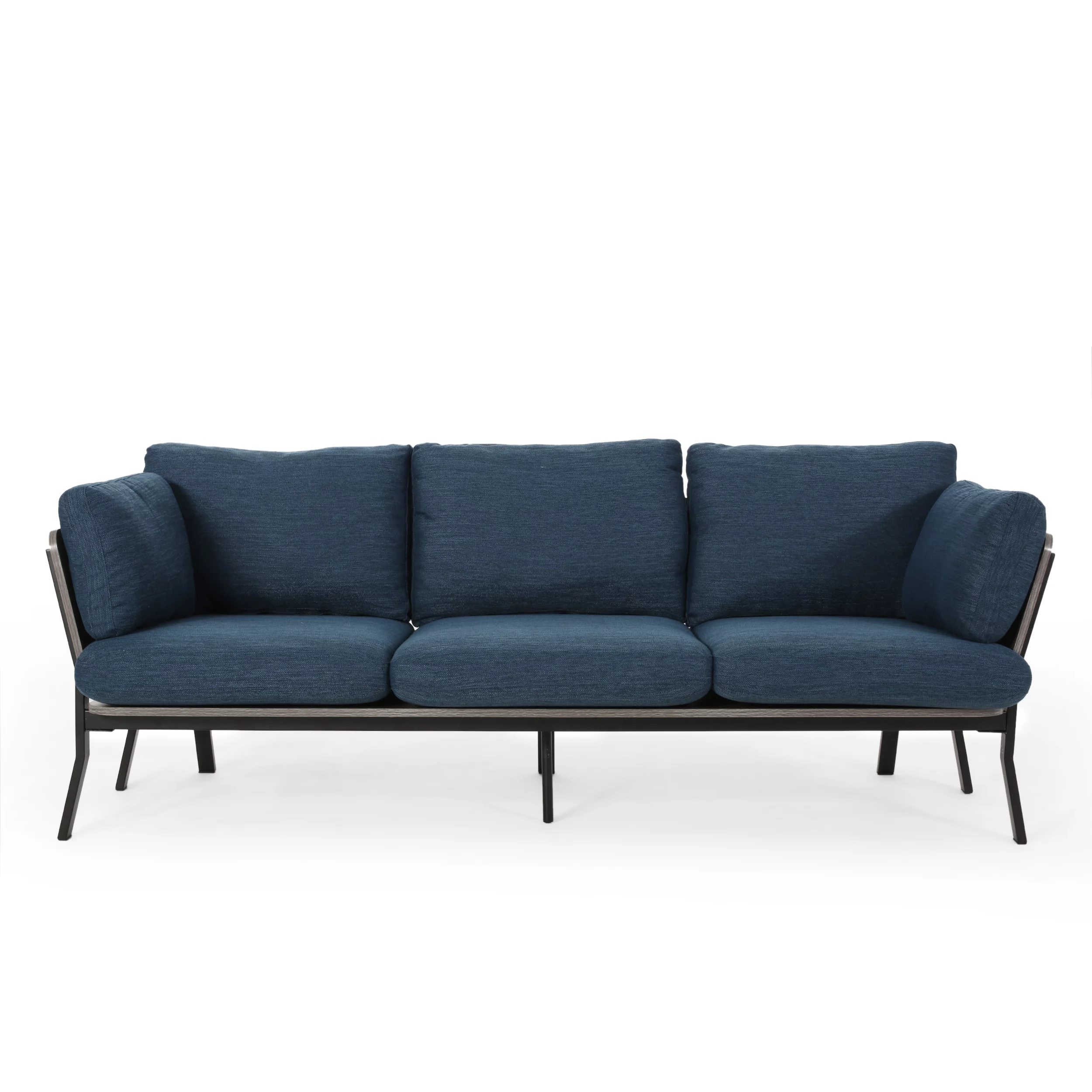 Noble House Zachariah 3 Seater Wood Frame Sofa with Pillows, Navy Blue