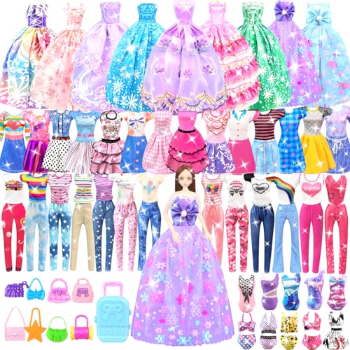 82PCS Doll Clothes and Accessories with Closet for 11.5 Inch Doll - Fashion Design Set Including Wedding Dress Fashion Dresses Outfits Tops and Pants Hangers Bags for Girls