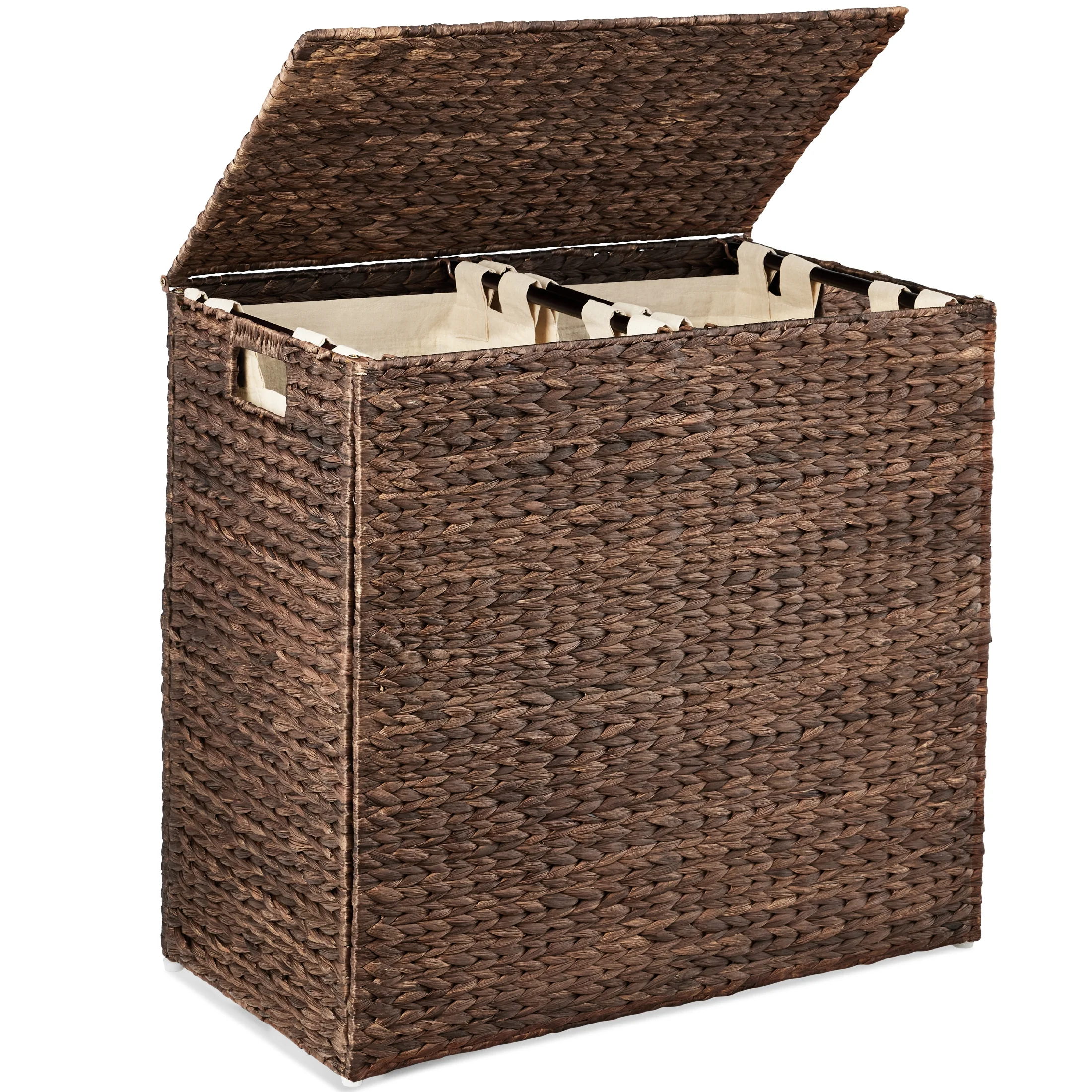 Best Choice Products Large Natural Water Hyacinth Double Laundry Hamper Basket w/ 2 Liner Bags, Handles - Espresso
