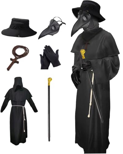 Nicexx Plague Doctor Mask Costumes Set 6 in 1 Halloween Beak Mask Plague Dr Outfit for Adults (XX-Small)