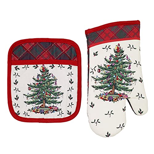 Spode - 2pc Kitchen Set, Oven Mitt & Pot Holder, Holiday Home Decor (Spode Christmas Tree Tartan Collection)