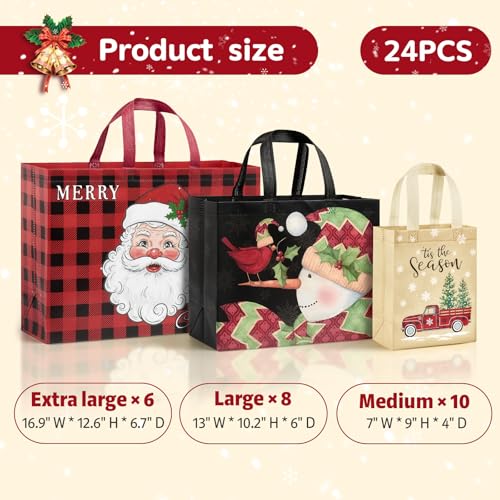 STYPOP 24 Pack Christmas Gift Bags Assorted Sizes, Reusable Non-Woven Christmas Tote Bags with Handles, Perfect for Gift Wrap/Party Favor Supplies (6 Extra Large 8 Large 10 Medium)
