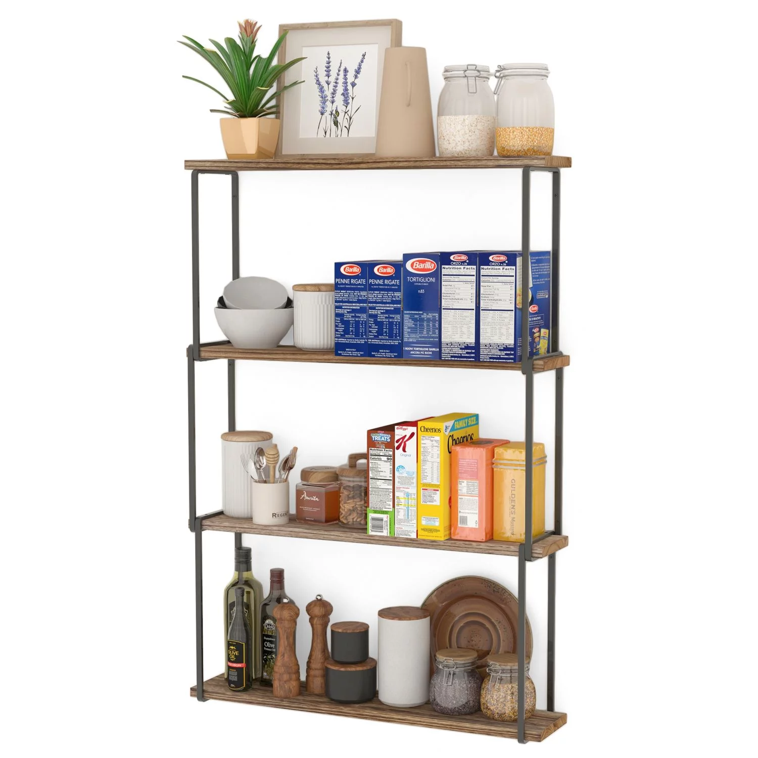 Wallniture Porto 4-Tier Floating Shelves Wall Storage for Kitchen Rustic Farmhouse Wood Bookcases Laundry Organizer, Natural Burned