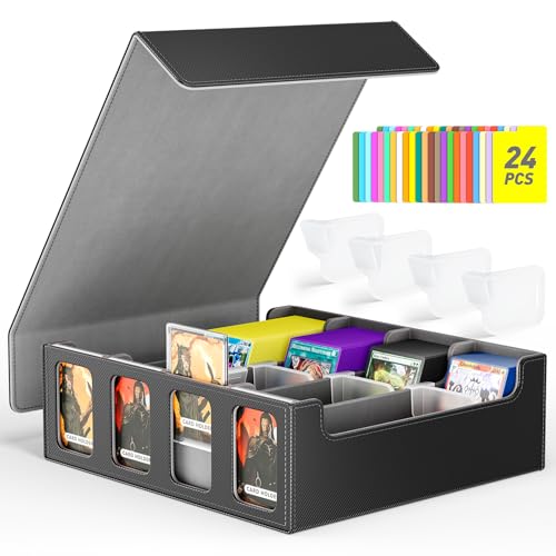 Flooyes Card Storage Box for Trading Cards with 4 Card Supporters, 3200+ MTG Deck Box with 24 Colorful Dividers, Commander Trading Card Storage Box with Viewing Windows for Magic Game Cards, Purple