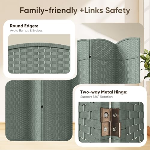 JOSTYLE Folding Privacy Room Divider, 4 Panel Screen Divider 6 ft. Tall Freestanding Extra Wide Rattan Room Partition Wall Separation Dividers, Grey