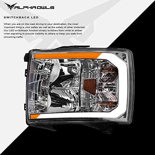Alpha Owls 8712252 Crystal Headlights With Switchback Sequential LED Light Bar & Startup Light - Black Amber Fits 2007-2013 Chevy Silverado 1500/2007-2014 2500 3500 HD Halogen Models