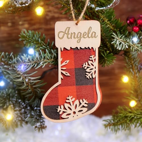 Custom Wooden Family Christmas Tree Ornament Keepsake, Personalized Pattern Wooden Stocking Ornament, Family, Holiday Home Décor