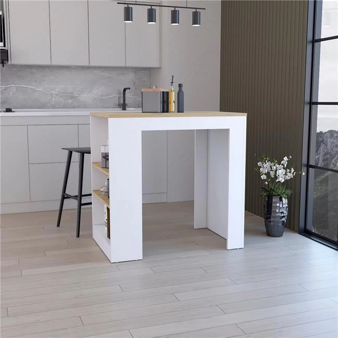 Depot Eshop DE-IBM9034 Lacour Kitchen Island Bar Table with 3-Side Shelves, White & Macadamia