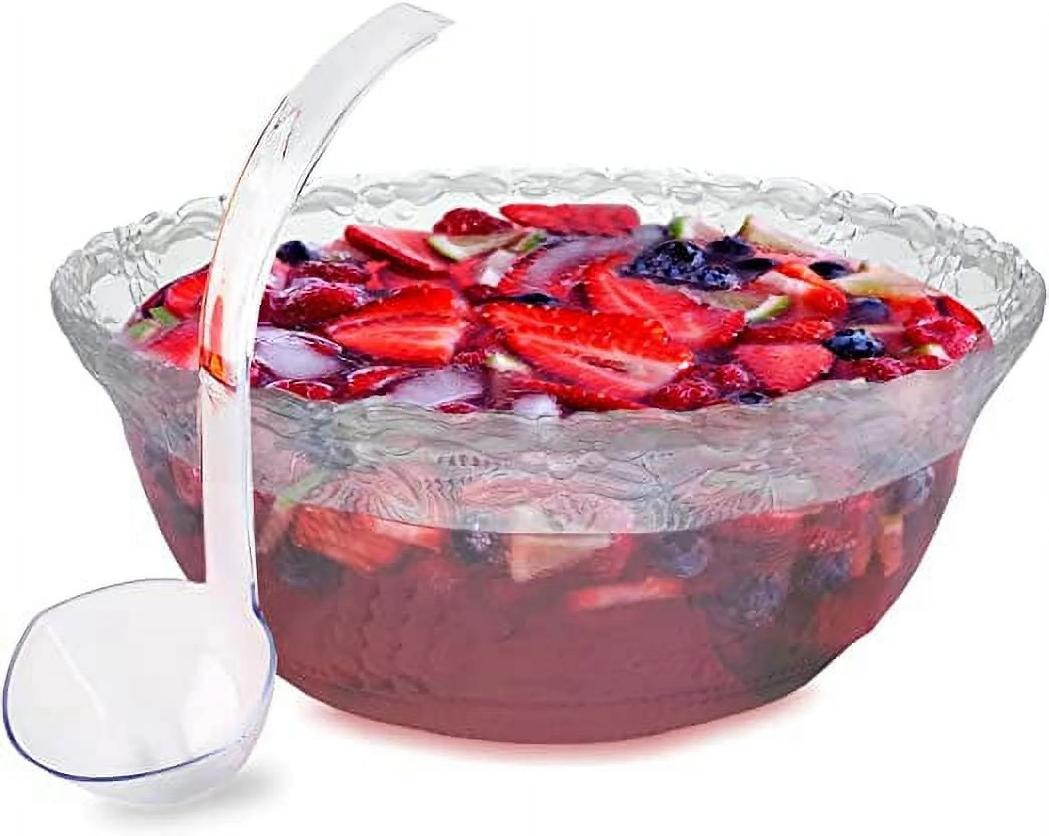 Punch Bowl with Ladle - 2 Gallon Large Clear Plastic Punch Bowl with Ladle - Embroidered Design 8 Quart Serving Bowl with 5 OZ Plastic Serving Ladle