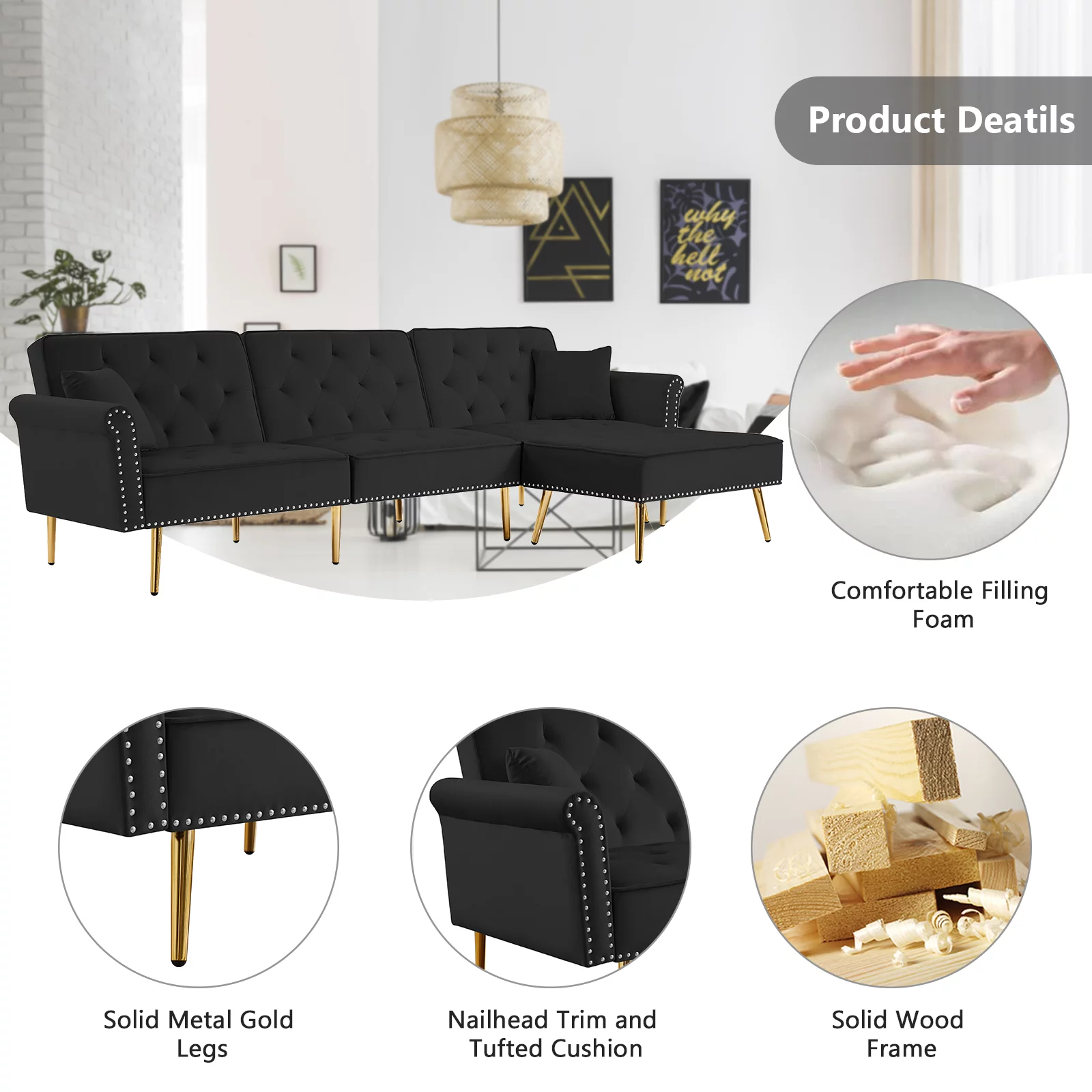Lecut 110” Velvet L Shaped Modern Reversible Sectional Couch with Removable Ottoman Nailhead Trim 3 Seater Sofa with Metal Gold Legs black