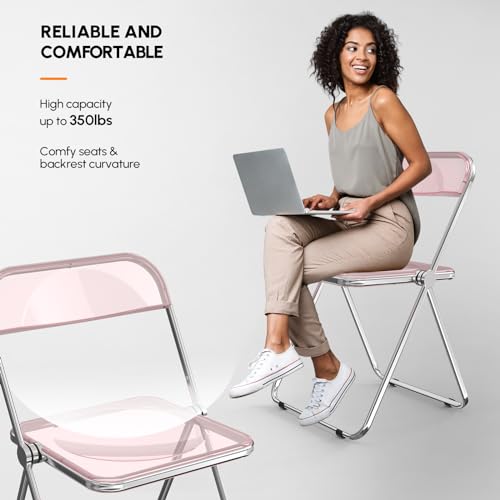 VINGLI Acrylic Folding Chairs 2 Pack, Clear Chair Foldable and Stackable, Plastic Panel & Metal Chrome Frame, Weight Capacity 350 lbs, Transparent