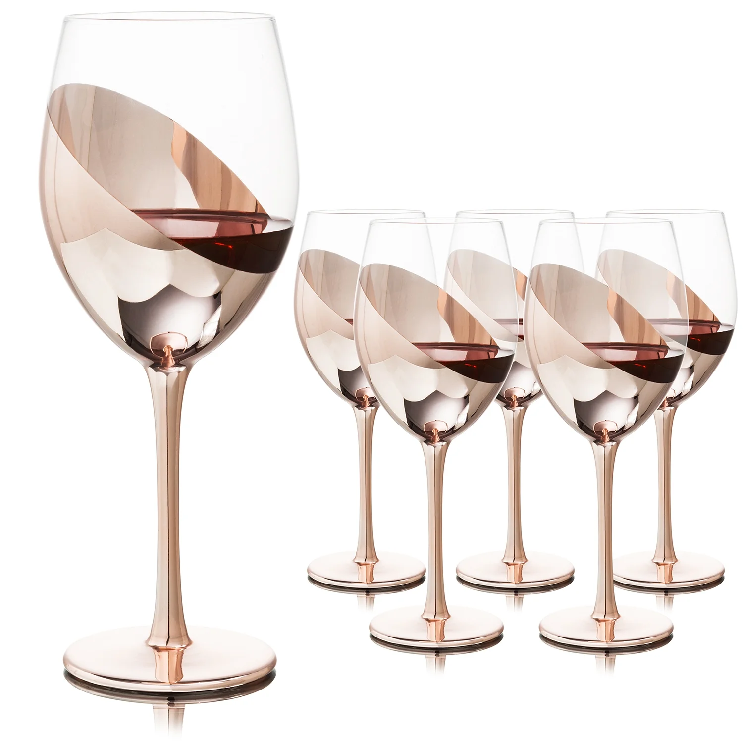 MyGift Set of 6 Stemmed Rose Gold Elegant Copper-Toned Glasses, Decorative Wedding Wine Glassware