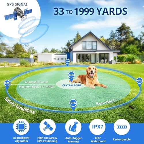 GPS Wireless Dog Fence - No Monthly Fee, Waterproof Pet Containment System with Smart Shock Collar - Safe GPS Tracker for Dogs - Adjustable, Rechargeable, Easy Setup