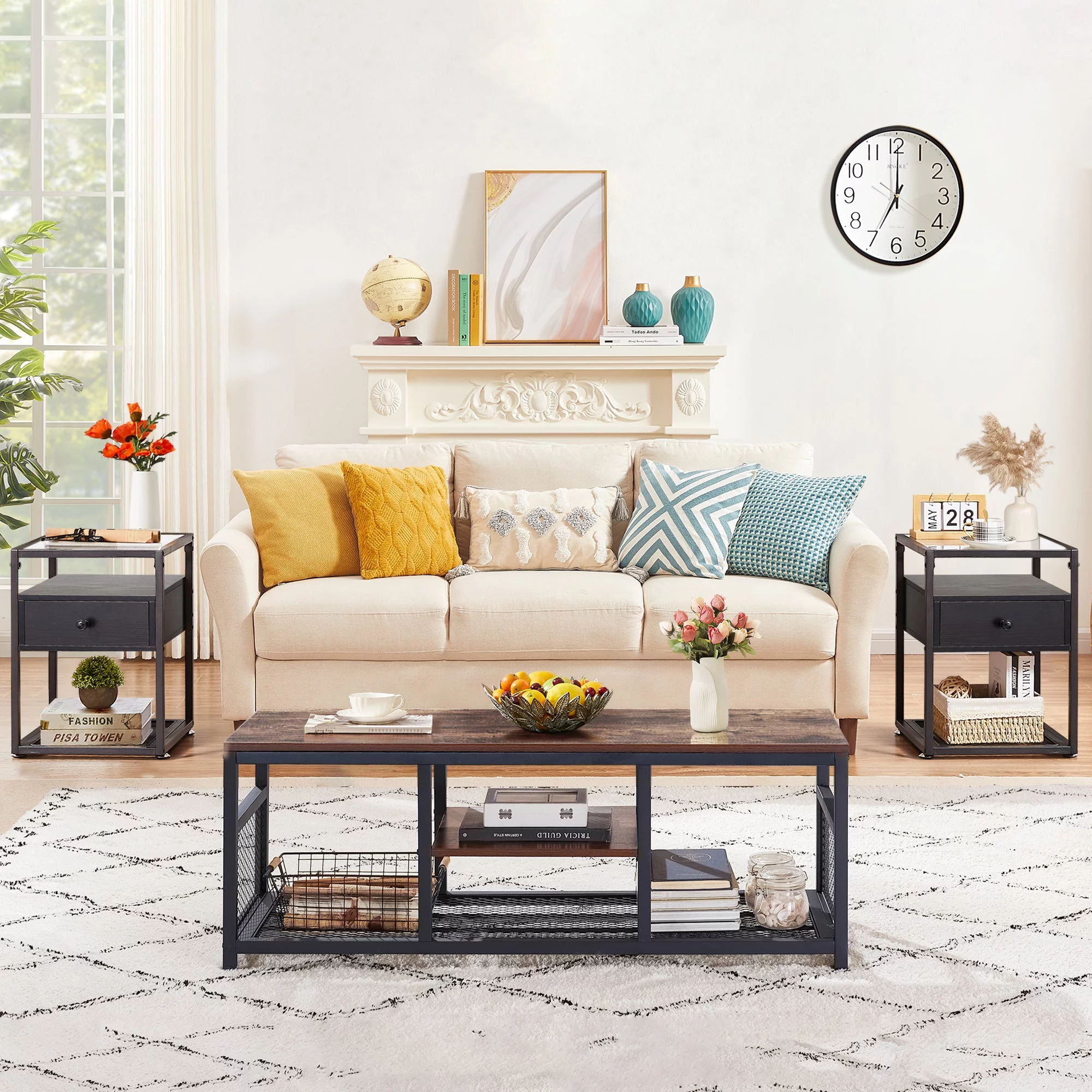 VECELO 3 Piece Coffee Table and End Table Set for Living Room, Black