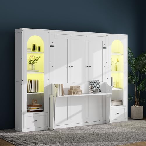 Queen Size Murphy Bed with Desk, Horizontal Wall Bed with Storage Side Cabinets, Drawers and LED Light, Wood Hideaway Wall Bed Frame with Shelves, White