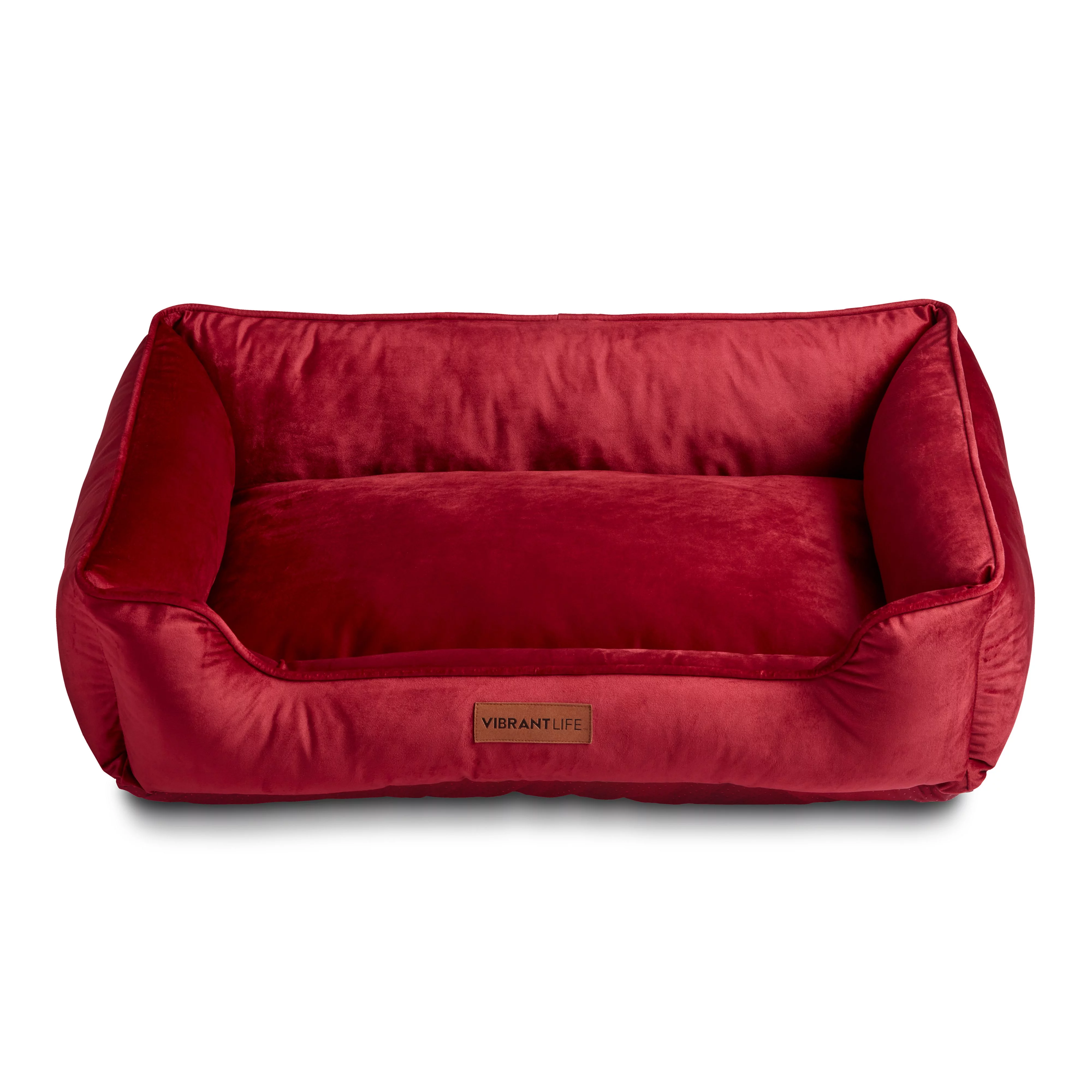 Vibrant Life Faux Velvet Box Dog Bed, Large, Red, 27