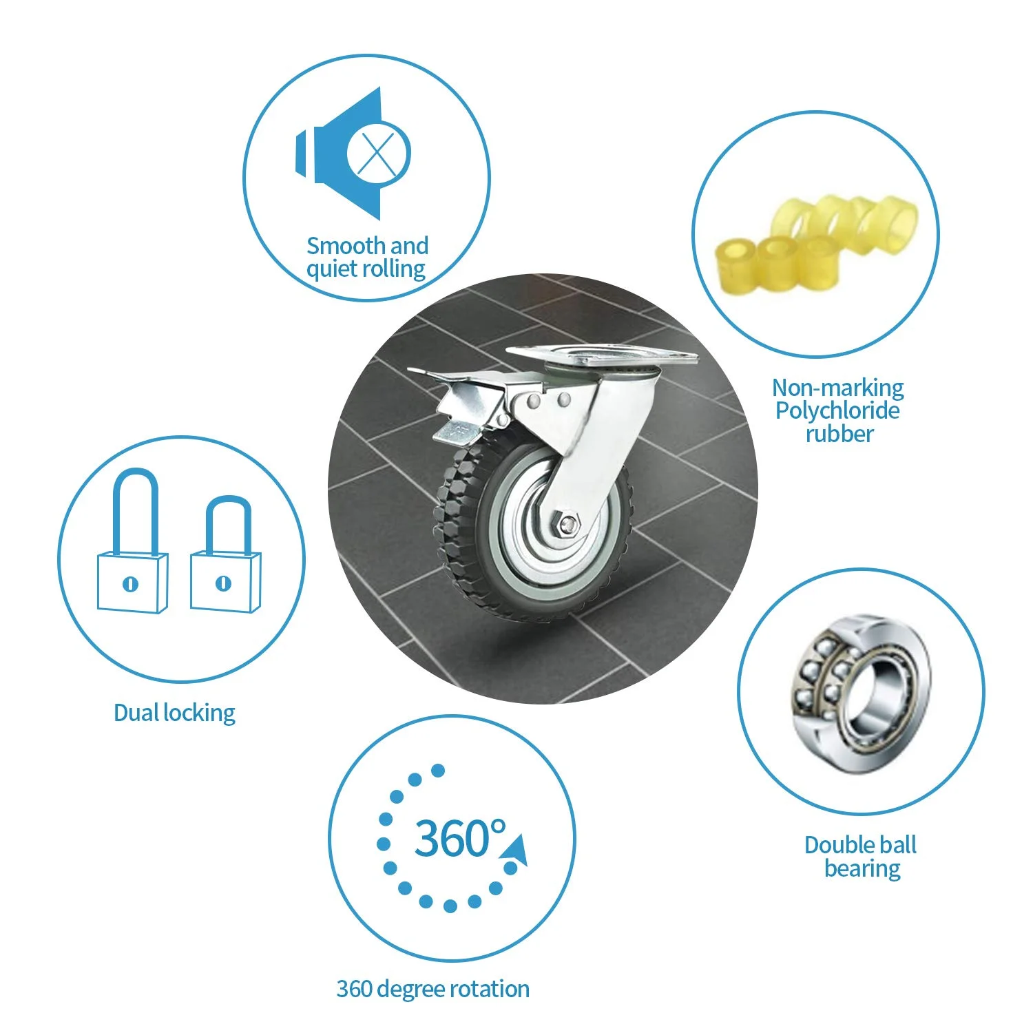 tonchean 4 Pack 8'' Caster Wheels, Heavy Duty Anti-Skid Rubber Swivel Casters with 360° Rotation Ball Bearing Silent Top Plate, Grey