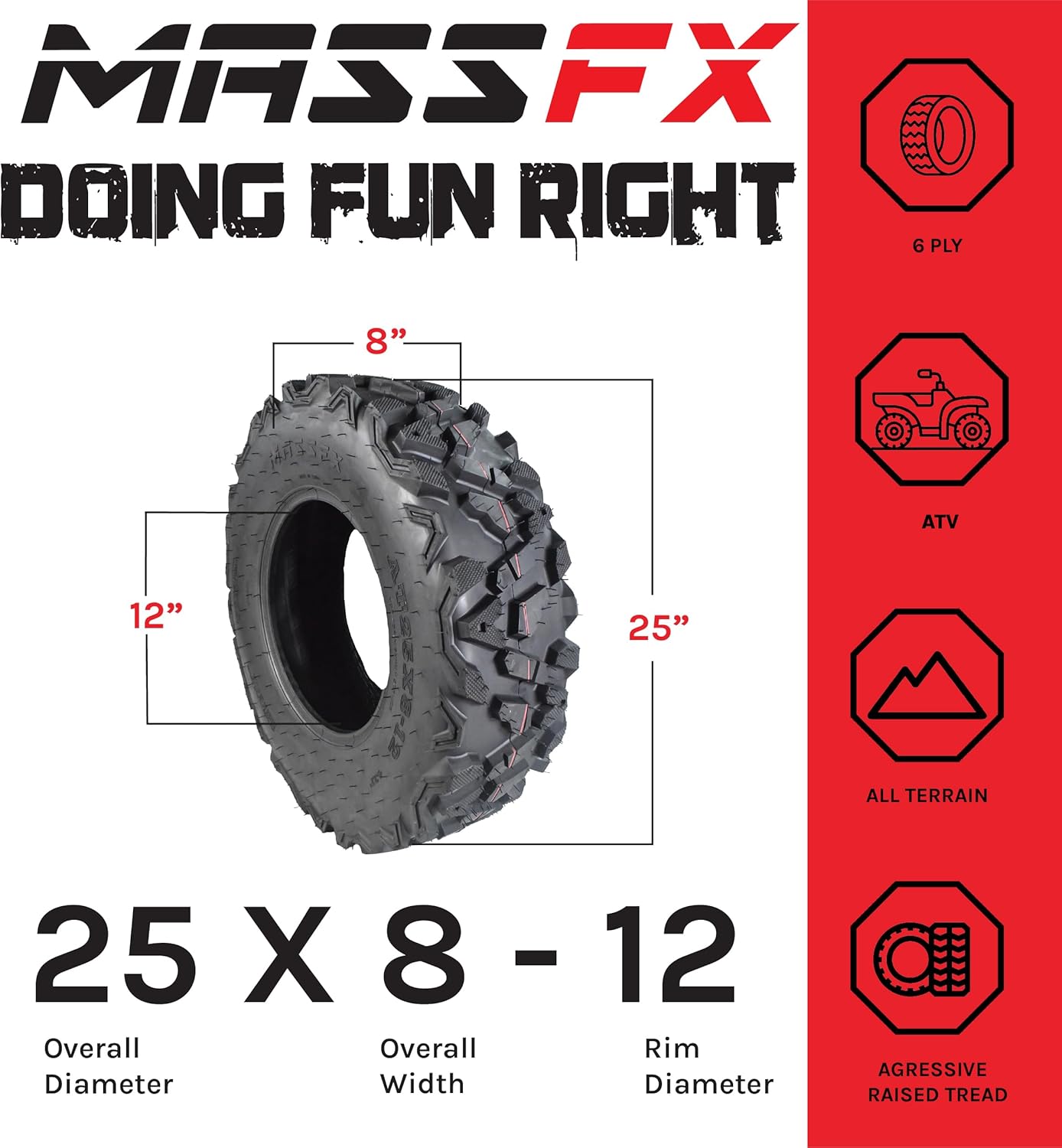 4 New 25x8-12 25x10-12 KT MASSFX ATV UTV all-terrain Tire Set 6 PLY 25