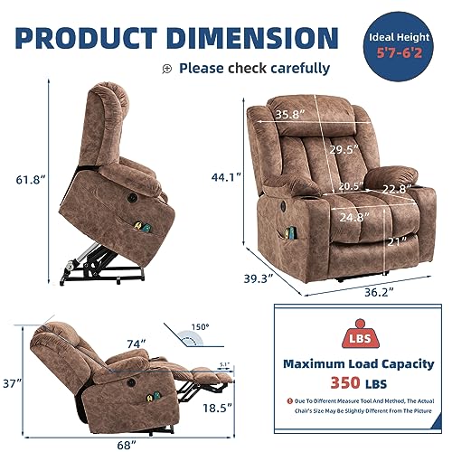 Large Electric Power Lift Recliner Chair with Extended Footrest for Elderly Big Man, Overstuffed Wide Massage Lounge Chairs with Heat, 2 Cup Holders, Side Pockets & USB Ports, Fabric Gray